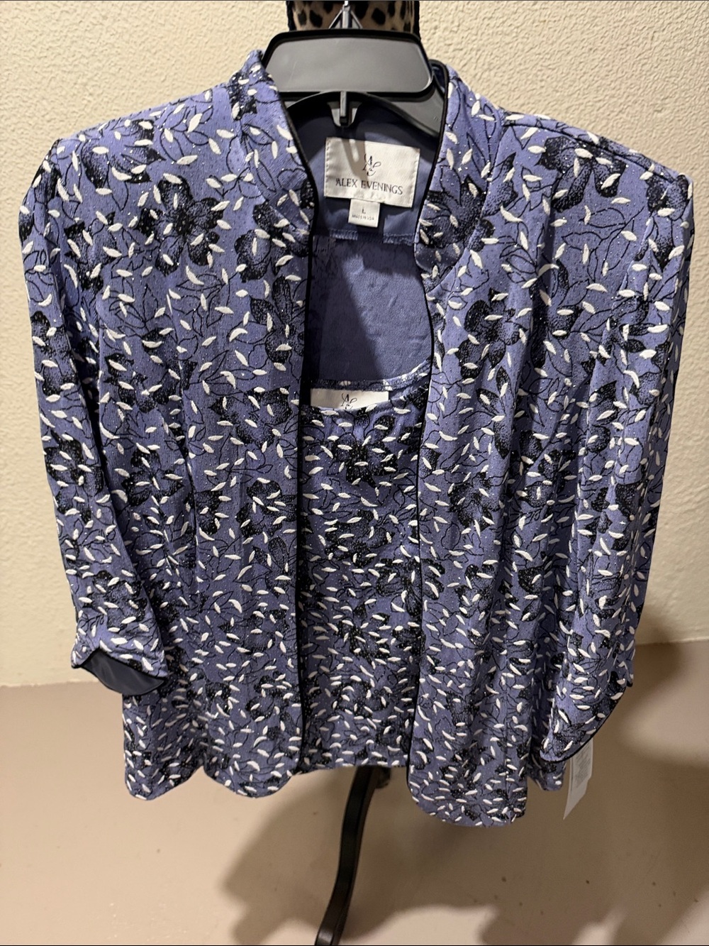Alex Evenings Blue Floral-Print Open Cardigan with Tank Under Jacket